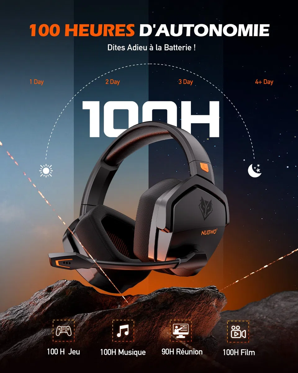 NUBWO G06 Double Casque Gaming sans Fil avec Microphone pour PS5, PS4, PC, NS, Mobile: 2,4 GHz Wireless + 5,3 Bluetooth - Batterie de 100 Heures - Pilotes de 50mm - Orange