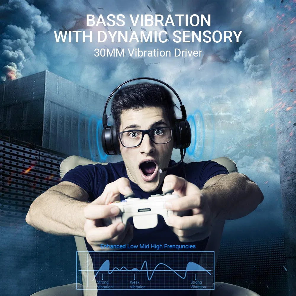 Casque de jeu ABKONCORE pour PS4, PC, ordinateur portable, casque avec microphone antibruit 7.1 Son surround virtuel, casque de jeu avec vibration des basses, lumières LED RVB contrôleur sur l'oreille