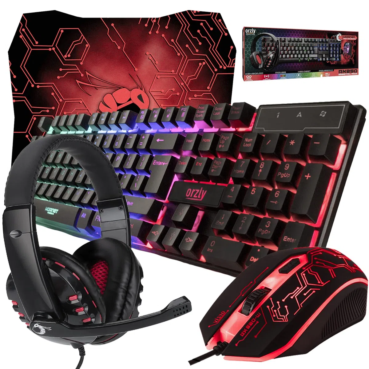 Orzly Clavier et Souris Gamer - RX250 Ensemble PC Gamer Inclus: Clavier [QWERTY]& Souris Gamer [Rétroéclairé & Filaire], Micro Casque Gaming, Tapis de Souris Antidérapant - pour Gamer PC, Xbox, PS4