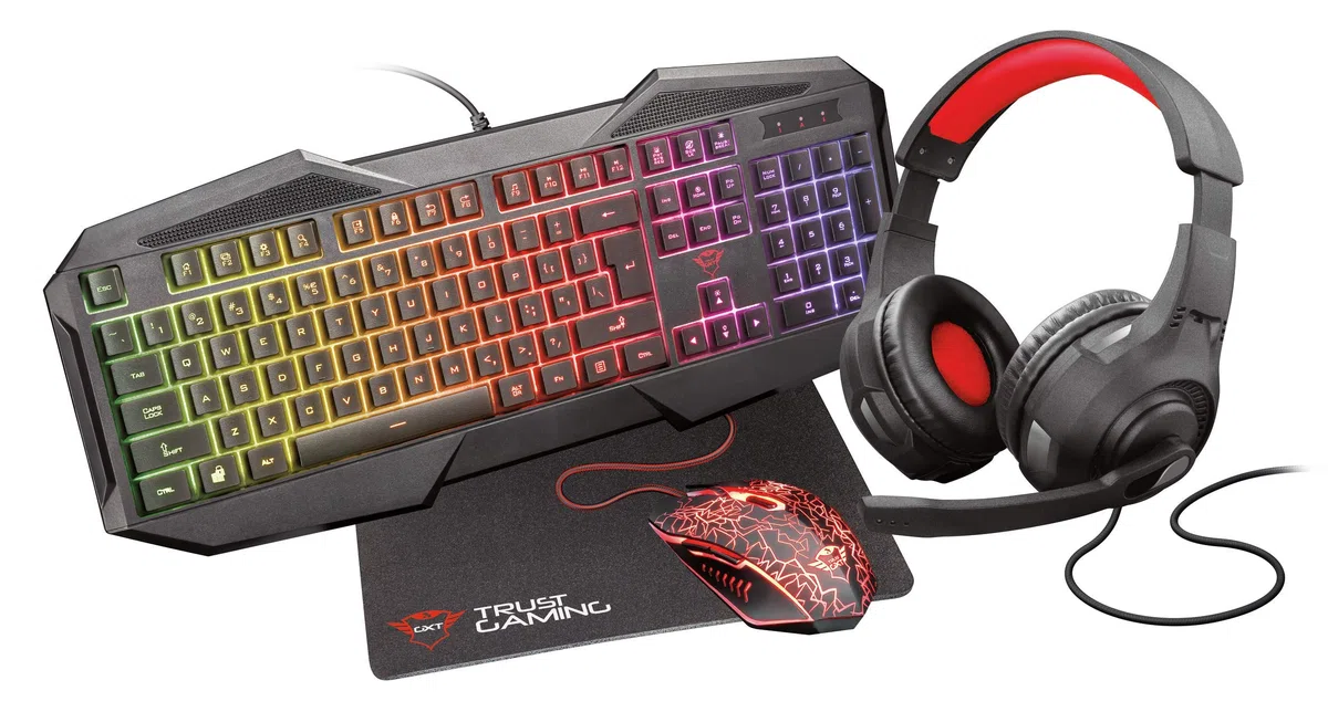 Trust Gaming GXT 1180RW Set Gamer 4-en-1 Clavier Azerty français, Souris, Tapis et Casque avec Micro