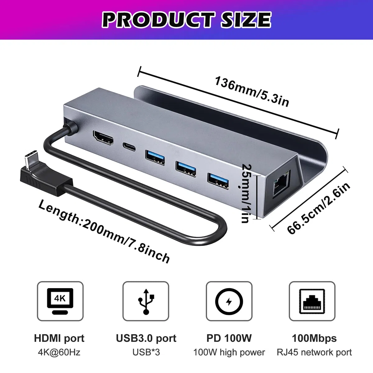 Station d'accueil pour Switch, 6 en 1 Station d'accueil pour Switch, Station pour Switch avec HDMI 4K@60Hz, Trois USB 3.0, Charge Rapide PD 100W, RJ45 100M