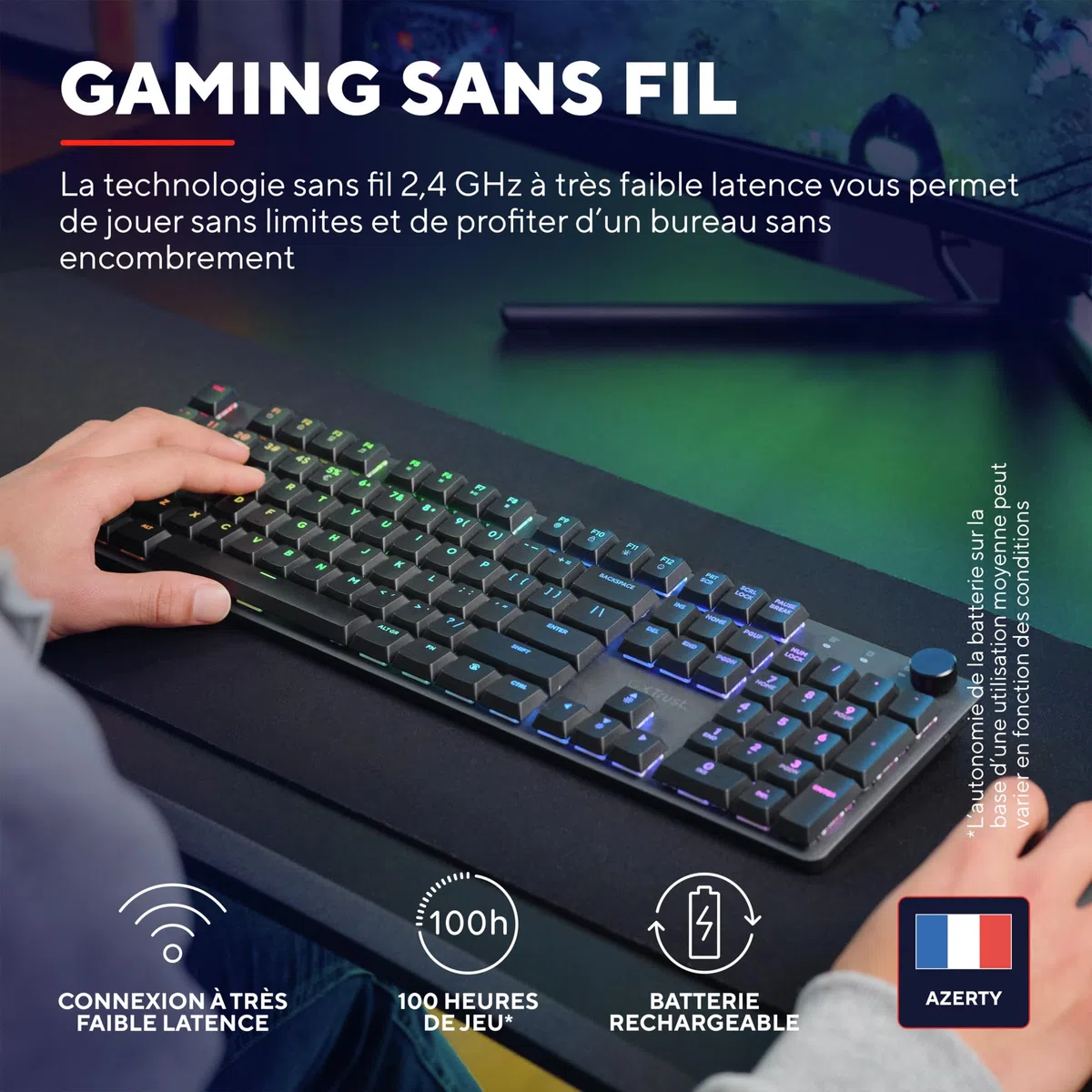 Trust Gaming GXT 868 Torix Clavier Mécanique sans Fil AZERTY Français, Clavier Gamer Rechargeable RGB 2.4GHz, Batterie 100 Heures, Commutateurs Huano Linéaires, Programmable, PC Portable