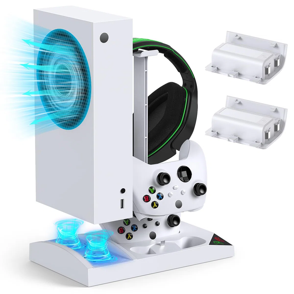 Support de Chargeur avec Ventilateur de Refroidissement pour Xbox Series S Console & Manette,Station d'accueil Verticale avec 2 x 1400mAh Batterie Rechargeable & Couvercle (Blanc)