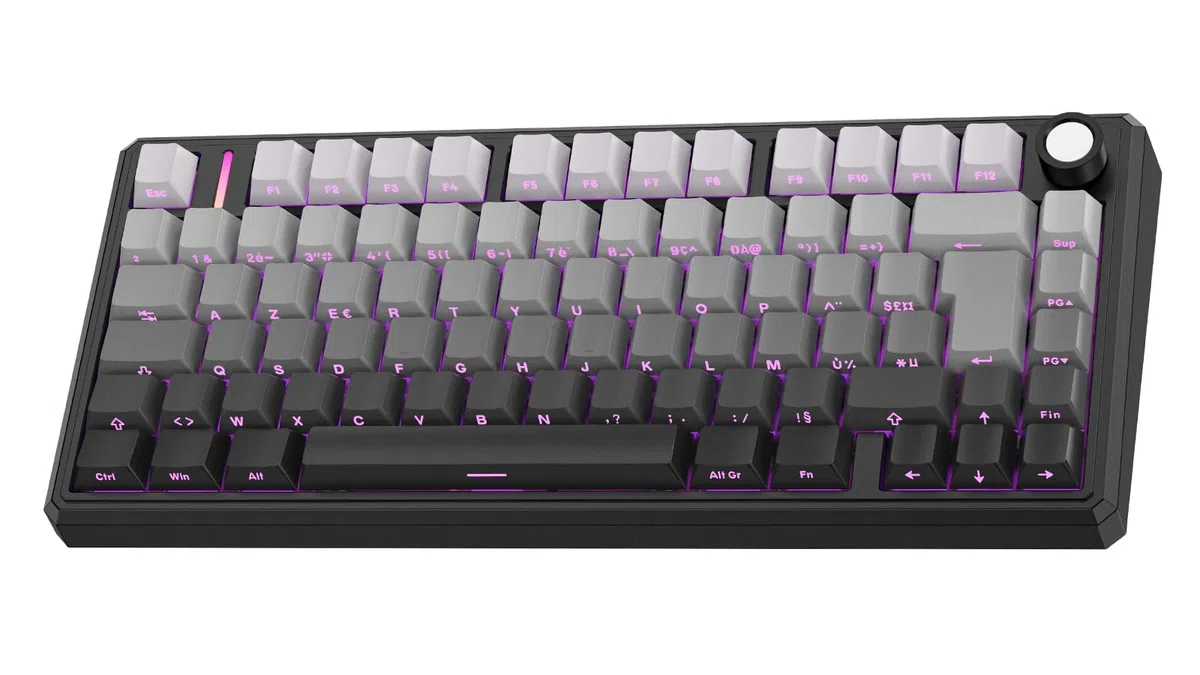 OMOTON Clavier Gamer 75% Mécanique QMK Via, Clavier sans Fil/Filaire Bluetooth 2,4 GHz, Clavier Gaming AZERTY PBT Side-Printed, Rétroéclairage RGB, Red Switch, Hot-Swap avec Volume pour PC/Mac/PS5