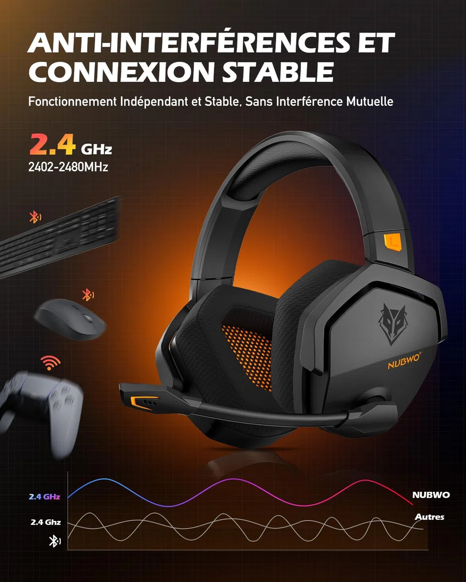 NUBWO G06 Double Casque Gaming sans Fil avec Microphone pour PS5, PS4, PC, NS, Mobile: 2,4 GHz Wireless + 5,3 Bluetooth - Batterie de 100 Heures - Pilotes de 50mm - Orange