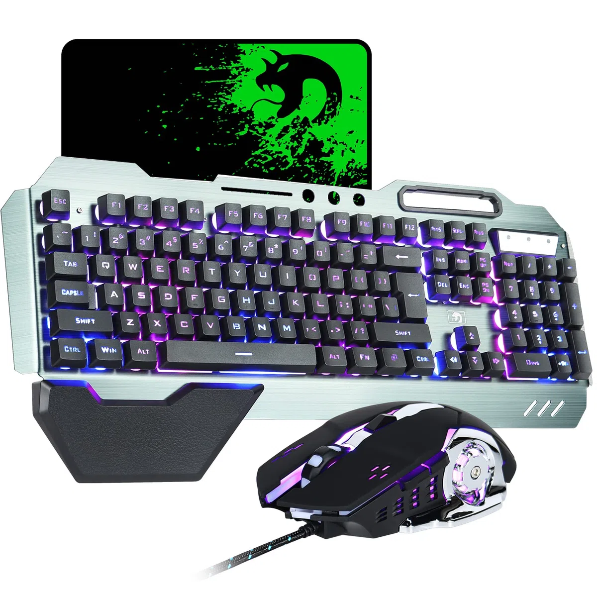 Combinaison Clavier et Souris de la, Hybride Filaire/RVB 16 Types de Clavier USB rétro-éclairé en métal Noir avec Support Manuel + Souris 3200DPI Respirant 4 Couleurs + Tapis de Souris
