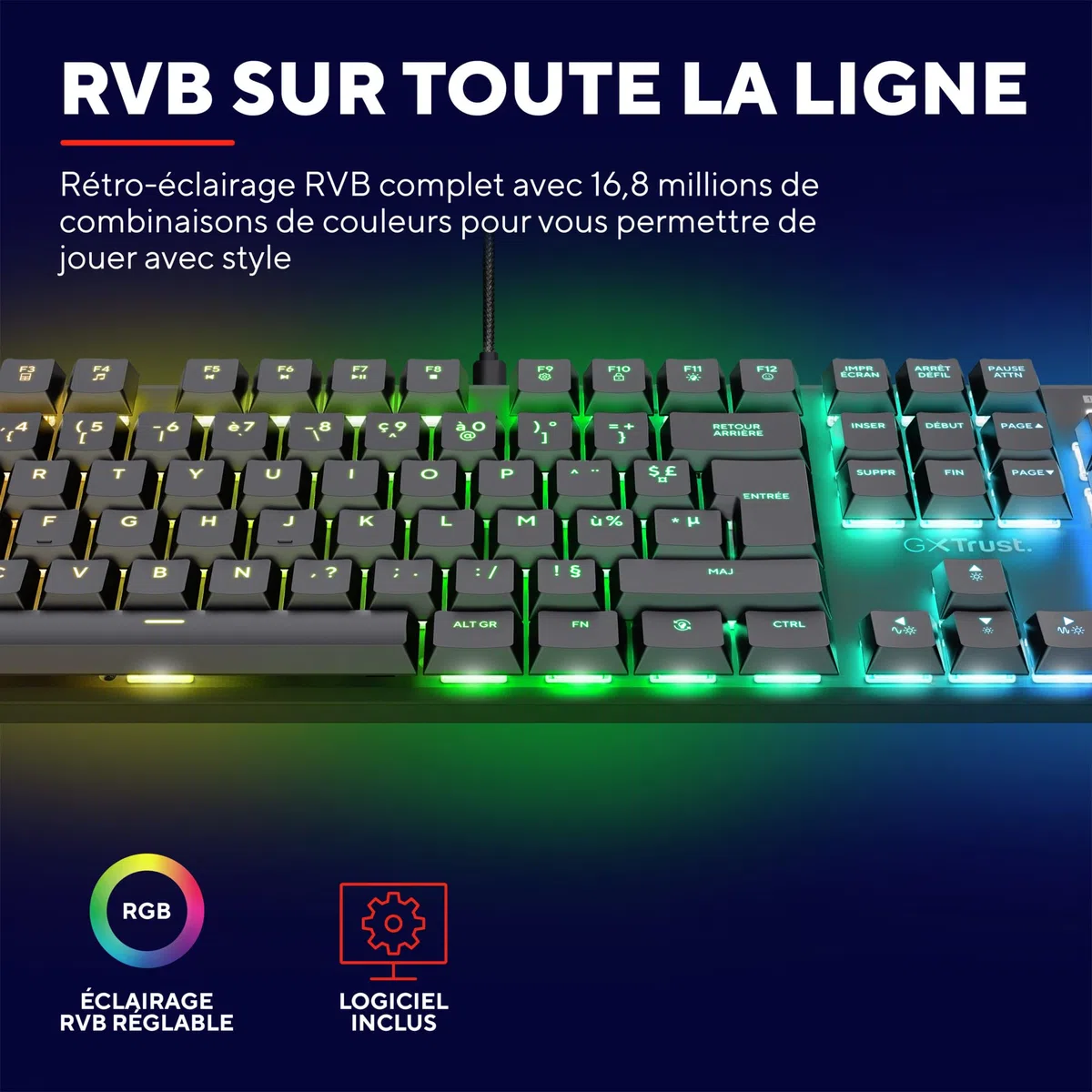 Trust Gaming GXT 868 Torix Clavier Mécanique sans Fil AZERTY Français, Clavier Gamer Rechargeable RGB 2.4GHz, Batterie 100 Heures, Commutateurs Huano Linéaires, Programmable, PC Portable