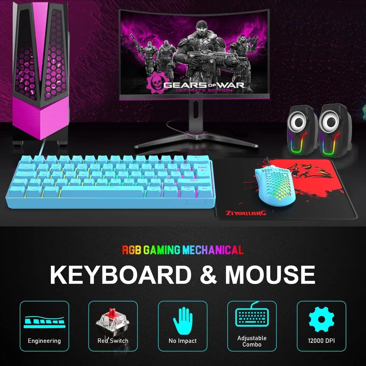 ZIYOU LANG T60 Clavier Et Souris De Jeu Mécaniques 60% [Disposition Britannique] – Mini Clavier Ergonomique Lumineux RVB De Type C – 12 000 DPI, Souris USB en Nid d'abeille– Interrupteur Bleu + Rouge
