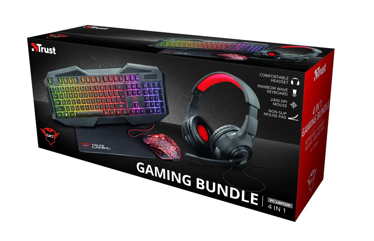 Trust Gaming GXT 1180RW Set Gamer 4-en-1 Clavier Azerty français, Souris, Tapis et Casque avec Micro