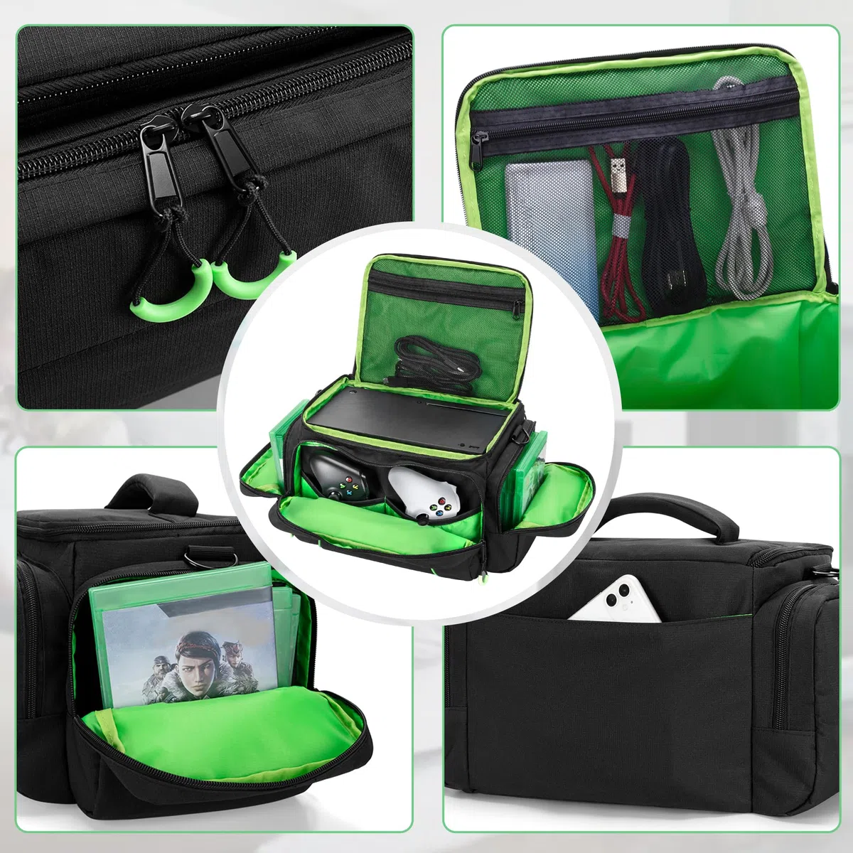 PGmoon Sac de Transport pour Console de Jeu Compatible avec Xbox Series X, Sac Portable avec Suffisamment d'Espace pour Contrôleurs, Disques, Câbles et Manette,Vert (Conception Brevetée)