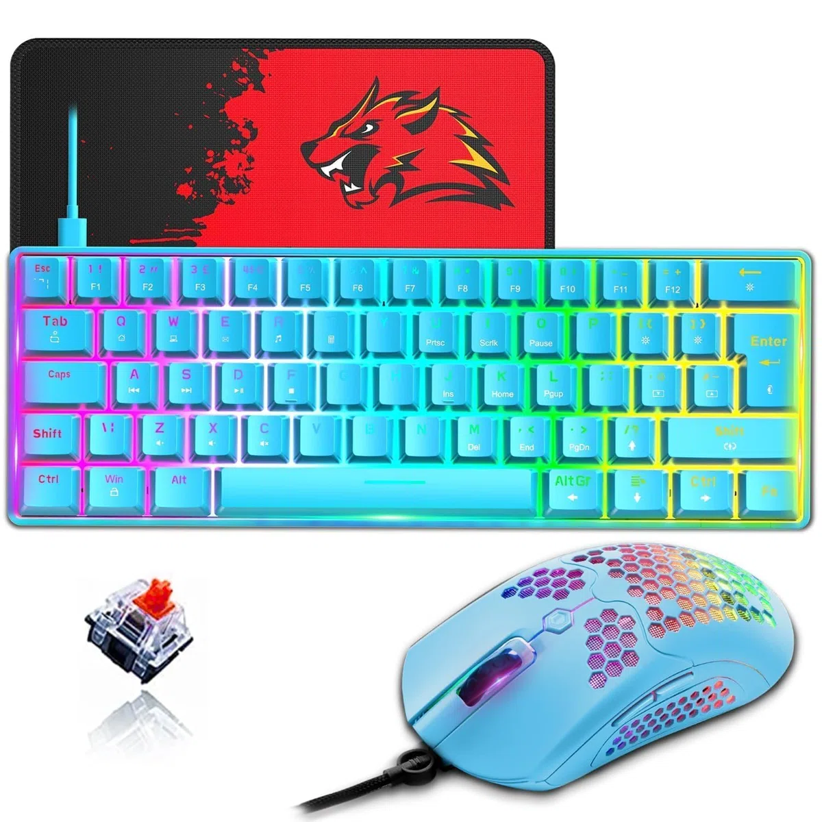 ZIYOU LANG T60 Clavier Et Souris De Jeu Mécaniques 60% [Disposition Britannique] – Mini Clavier Ergonomique Lumineux RVB De Type C – 12 000 DPI, Souris USB en Nid d'abeille– Interrupteur Bleu + Rouge
