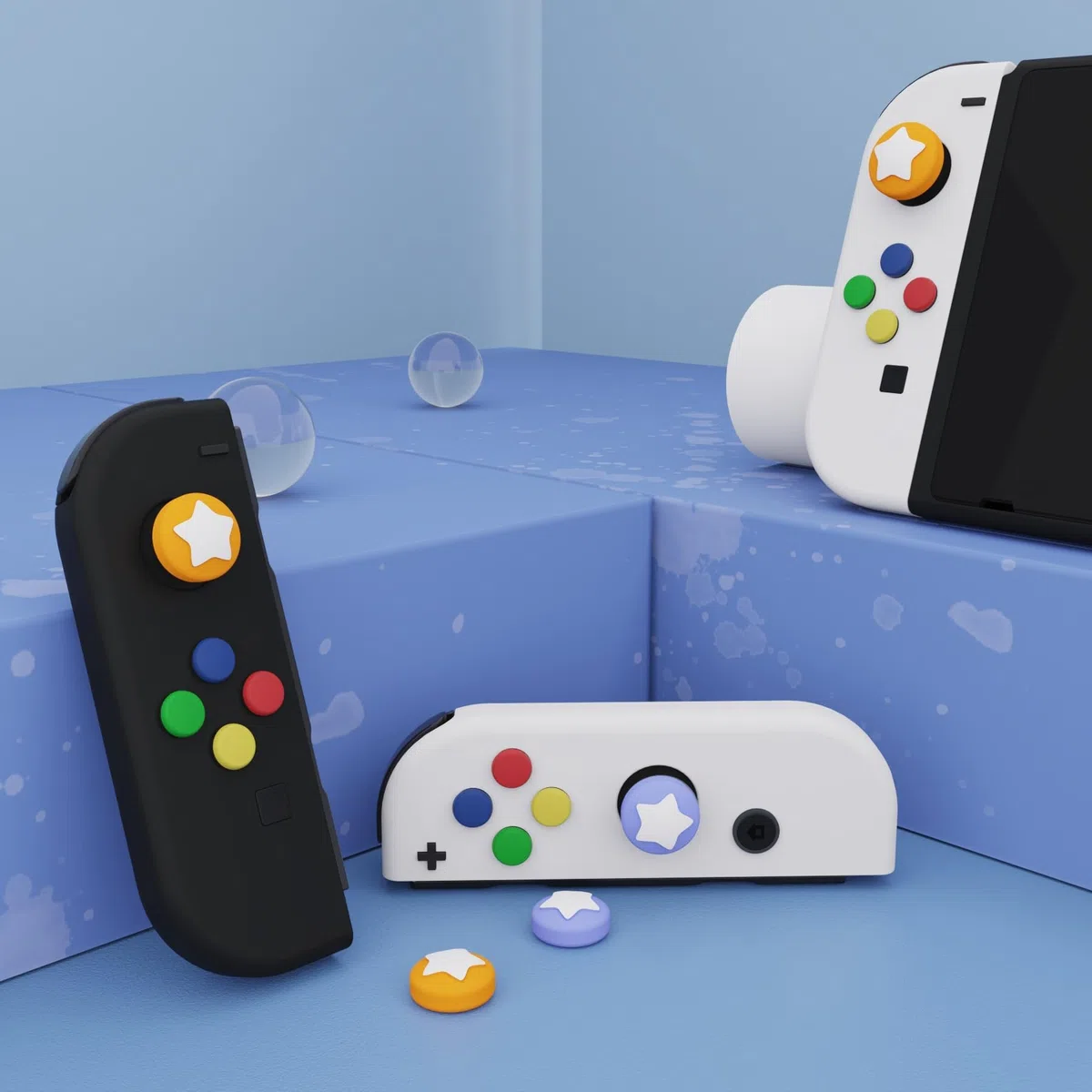 eXtremeRate PlayVital Capuchon Joystick pour Switch,Protection de Stick Analogiques pour Switch OLED/Lite Joycon Caps-Violet Clair&Jaune,Étoile Design