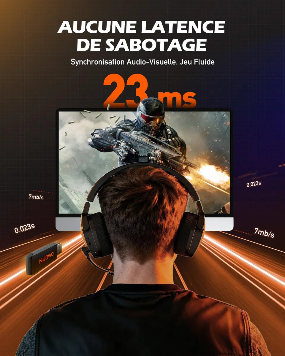 NUBWO G06 Double Casque Gaming sans Fil avec Microphone pour PS5, PS4, PC, NS, Mobile: 2,4 GHz Wireless + 5,3 Bluetooth - Batterie de 100 Heures - Pilotes de 50mm - Orange