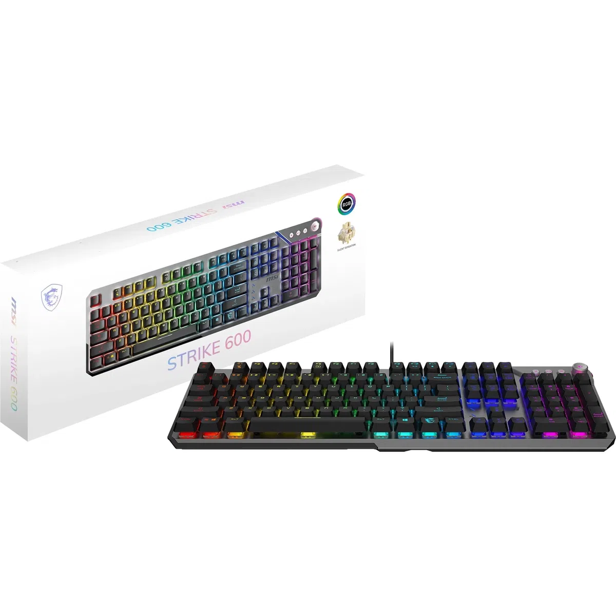 MSI Strike 600 Silent FR Clavier Gaming - AZERTY, Disposition FR, switches Tactiles Kailh Midnight Pro Silent, Touches ergonomiques, Base antidérapante, RGB Mystic Light par Touche, USB 2.0