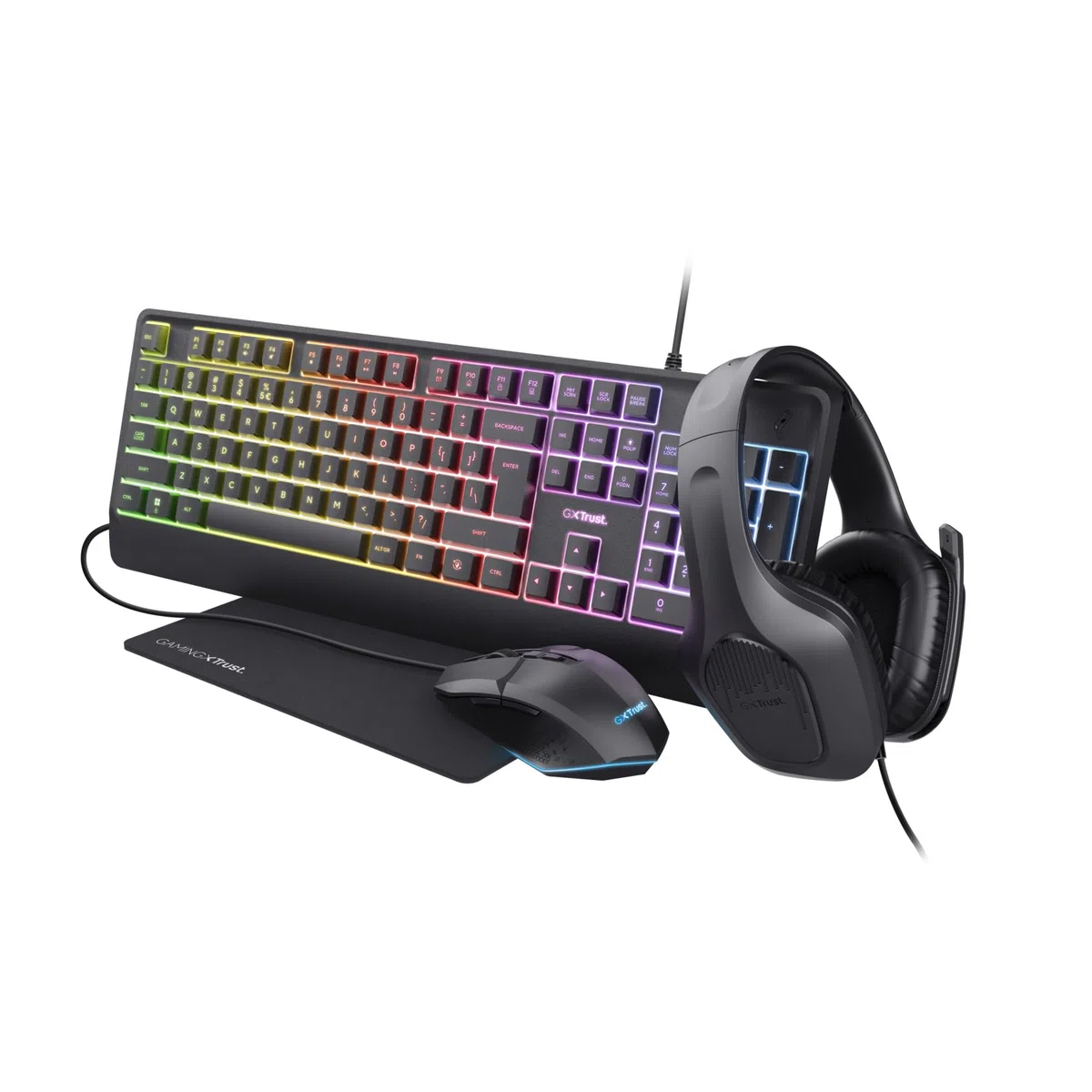 Trust Gaming GXT 792 Quadrox Kit 4 en 1 Souris et Clavier Gaming, Disposition Italienne QWERTY, Casque avec Microphone léger Jack Audio 3,5 mm, Tapis, lot Lot de Jeu Gamer RGB pour PC, Ordinateur