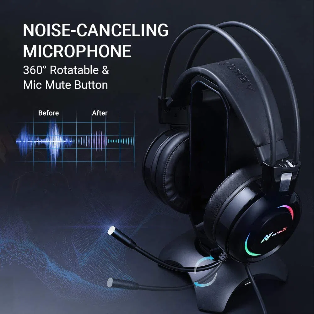 Casque de jeu ABKONCORE pour PS4, PC, ordinateur portable, casque avec microphone antibruit 7.1 Son surround virtuel, casque de jeu avec vibration des basses, lumières LED RVB contrôleur sur l'oreille
