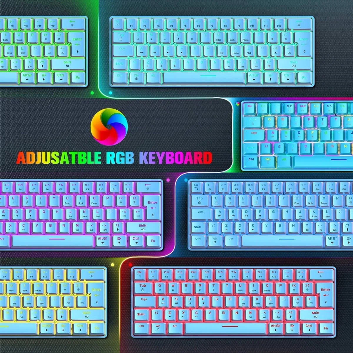 ZIYOU LANG T60 Clavier Et Souris De Jeu Mécaniques 60% [Disposition Britannique] – Mini Clavier Ergonomique Lumineux RVB De Type C – 12 000 DPI, Souris USB en Nid d'abeille– Interrupteur Bleu + Rouge