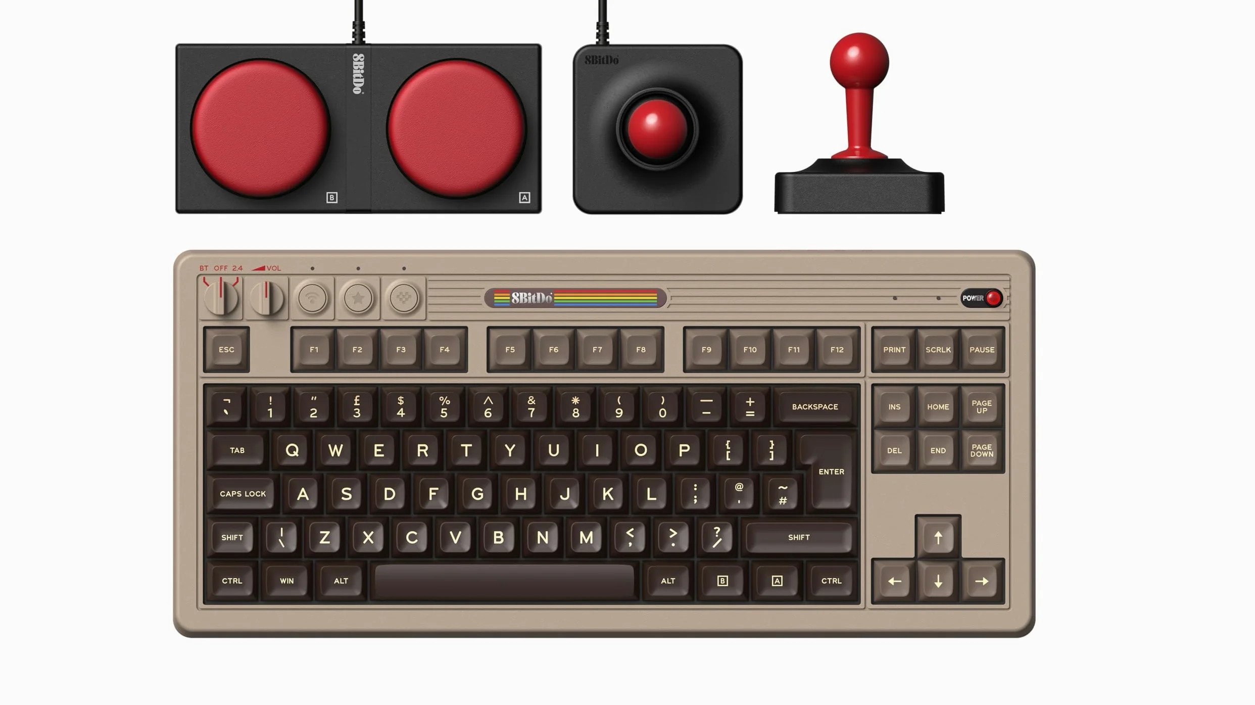 8Bitdo Clavier mécanique rétro Bluetooth/2,4G/USB-C Clavier de jeu remplaçable 87 touches, double super touches et super stick pour Windows et Android - Disposition ISO UK - C64 Edition