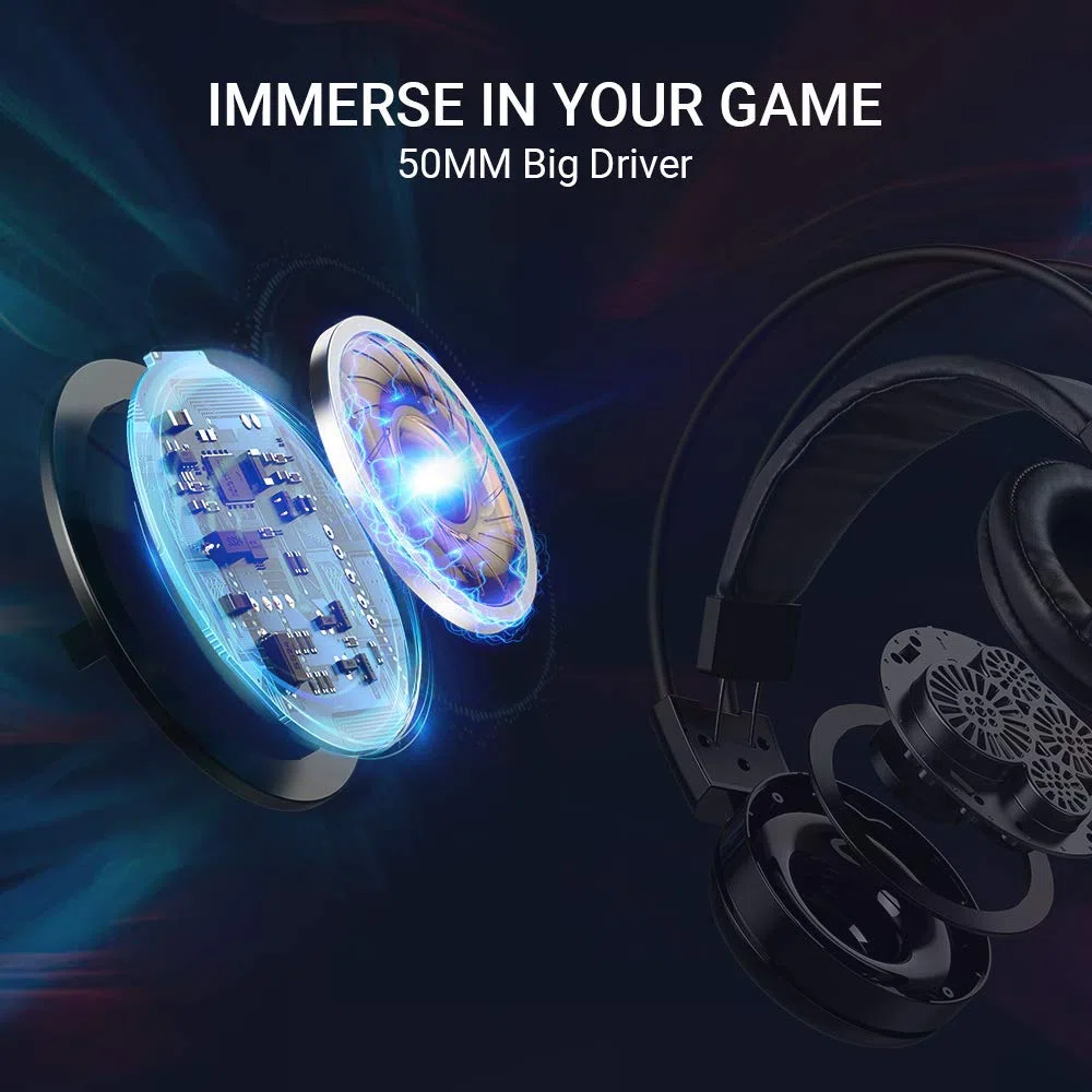 Casque de jeu ABKONCORE pour PS4, PC, ordinateur portable, casque avec microphone antibruit 7.1 Son surround virtuel, casque de jeu avec vibration des basses, lumières LED RVB contrôleur sur l'oreille