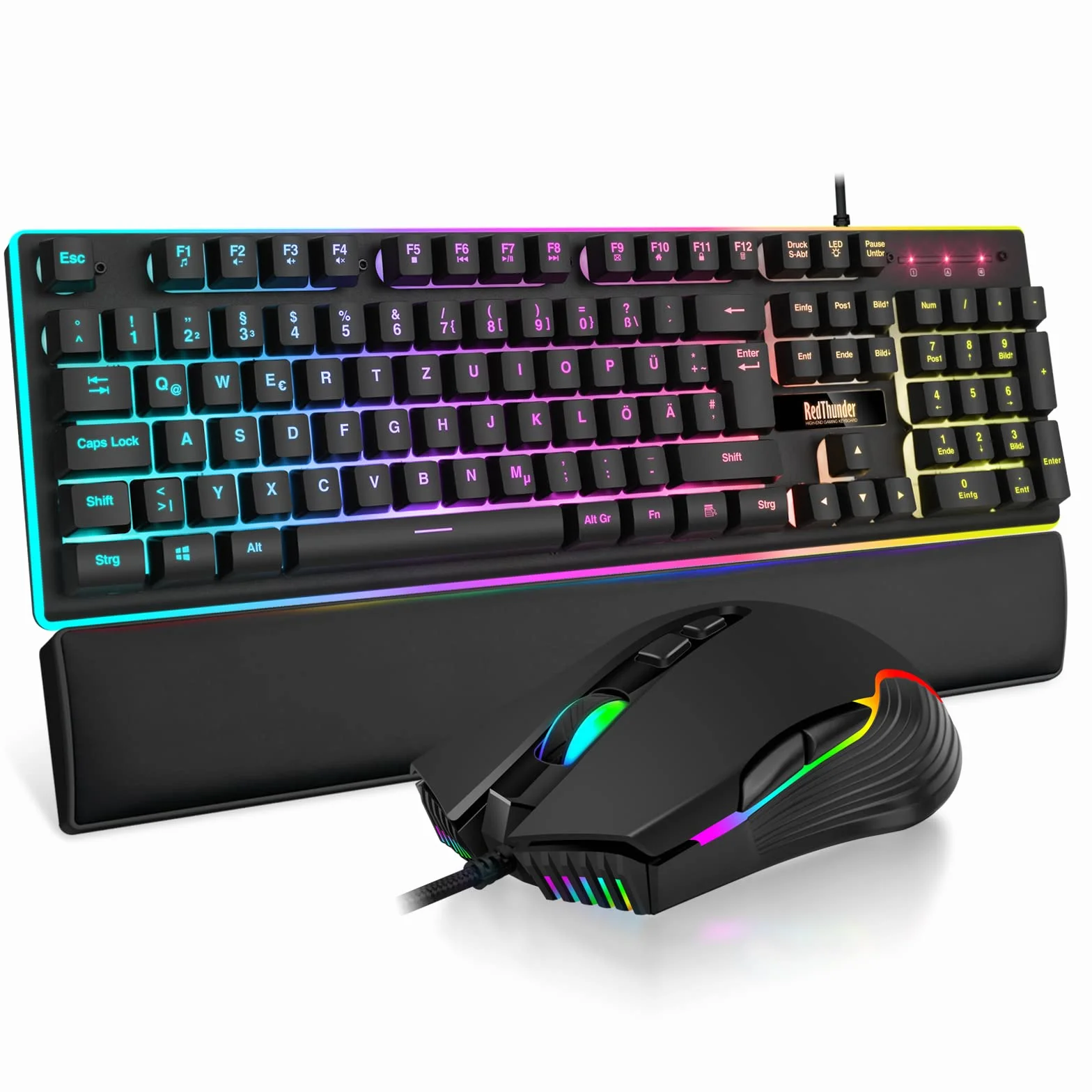 RedThunder K10 Ensemble clavier et souris de jeu QWERTZ DE-Layout, plaque métallique et repose-poignet, rétroéclairage RVB et 7D avec ergonomique pour PC Gamer (noir)