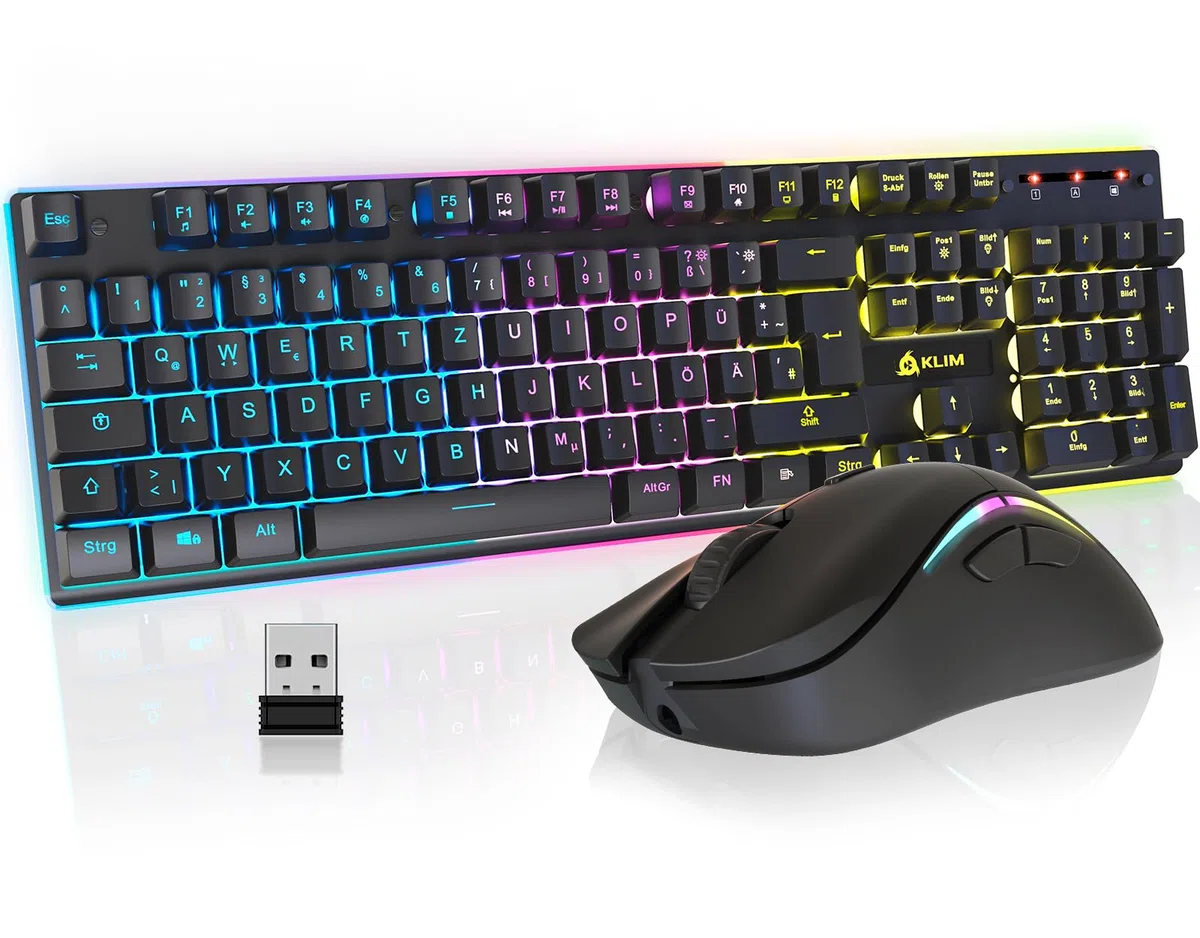 KLIM Thunder QWERTZ DE Layout Ensemble Clavier et Souris de Jeu sans fil - Clavier rétroéclairé sans fil avec batterie intégrée longue durée + Souris de jeu RGB 4800 DPI pour PC