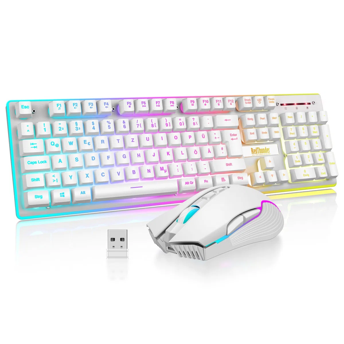 RedThunder K10 Ensemble clavier et souris de jeu sans fil QWERTZ DE-Layout LED rétroéclairage LED Capacité de la batterie 3000 mA et 3200 DPI pour joueurs (blanc)